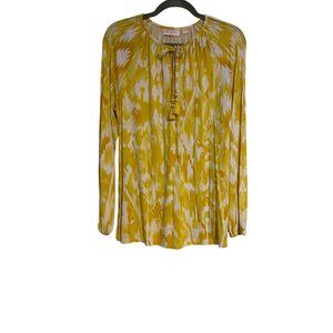 Belle Kim Gravel Women Yellow White Ikat Print Top Size S Long Sleeve Tassel Tie